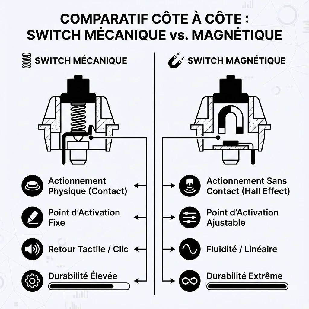 [image : comparaison côte à côte d'un switch mécanique et magnétique]