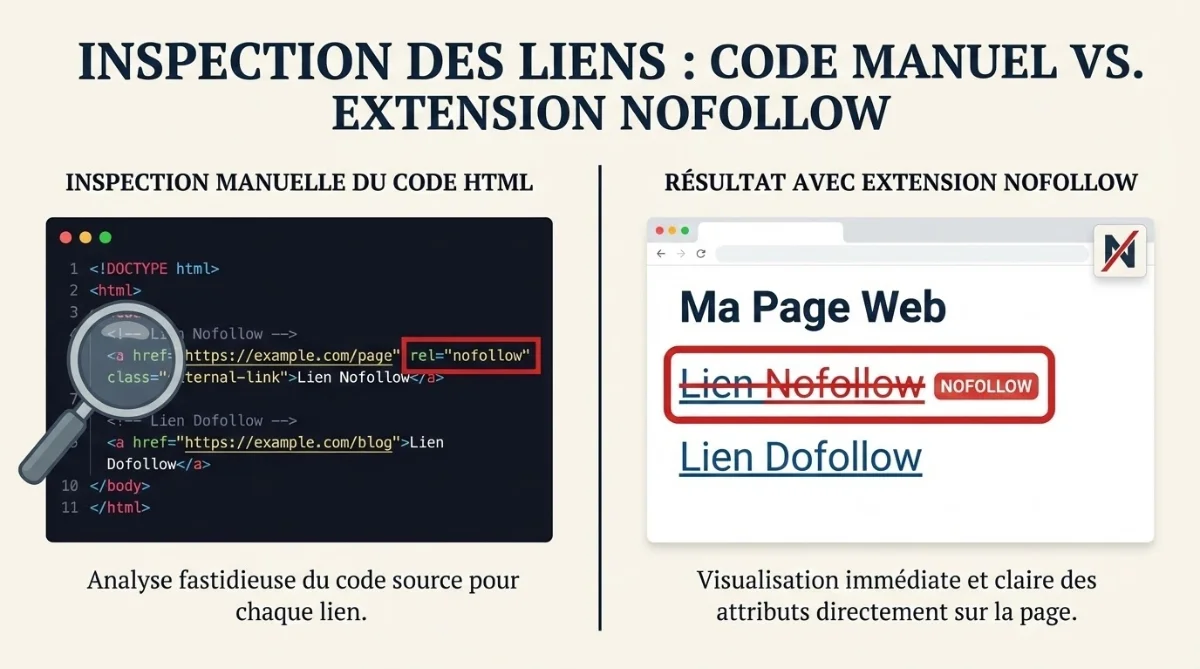 [image : Comparaison visuelle côte à côte : inspection manuelle du code HTML versus résultat visuel avec extension NoFollow]
