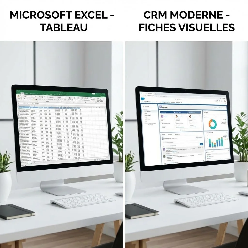 [image : Comparaison visuelle entre interface Excel avec tableau et interface CRM moderne avec fiches, style side-by-side professionnel]