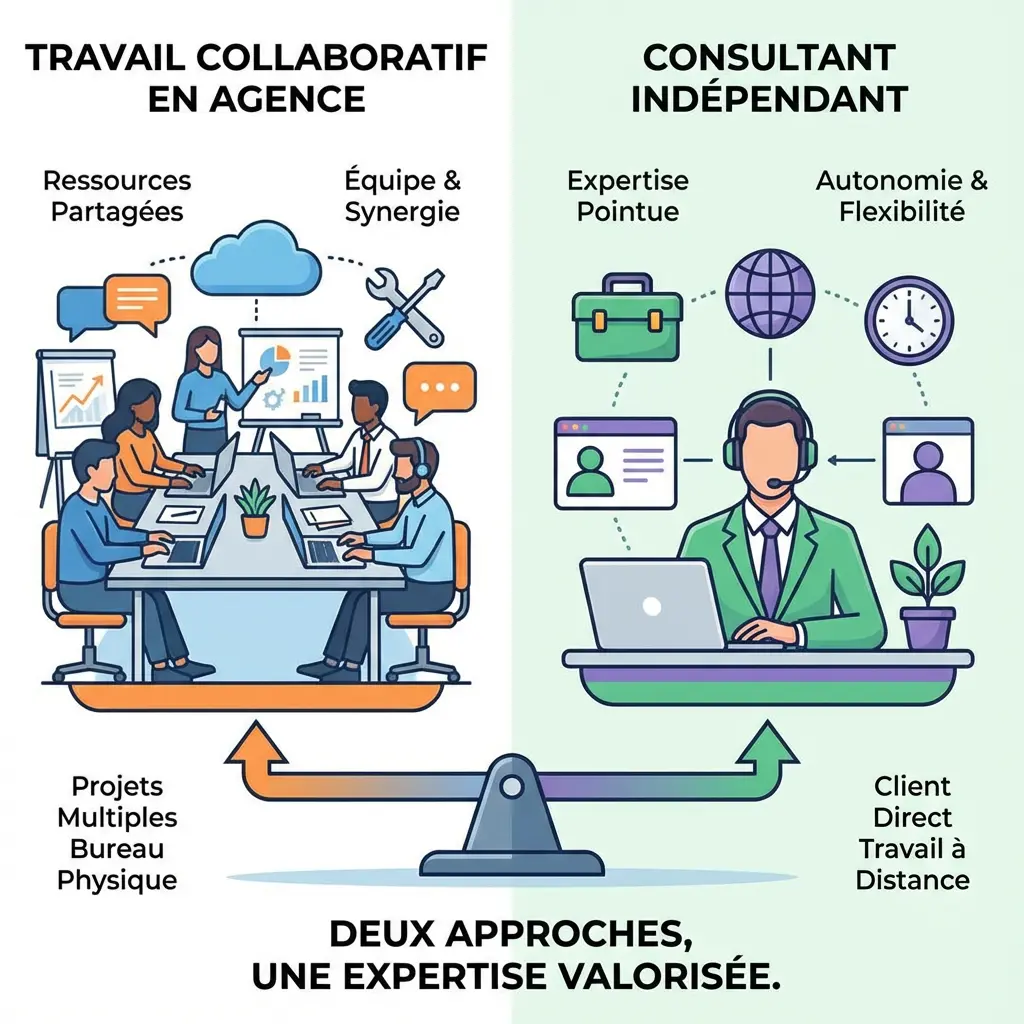 [image : Comparaison visuelle entre travail collaboratif en agence (plusieurs personnes) et consultant indépendant, style infographique équilibré]