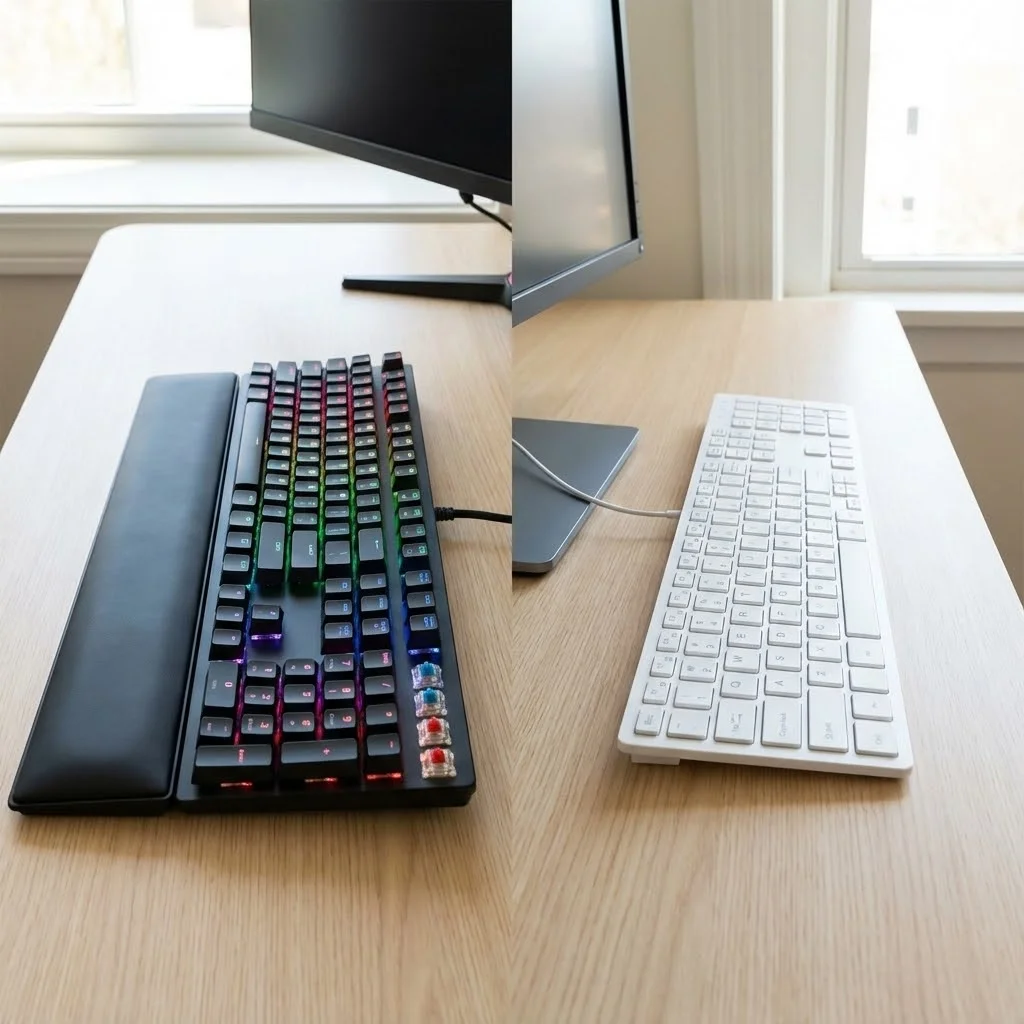 [image : comparaison visuelle entre un clavier gamer RGB mecanique et un clavier de bureau à membrane]
