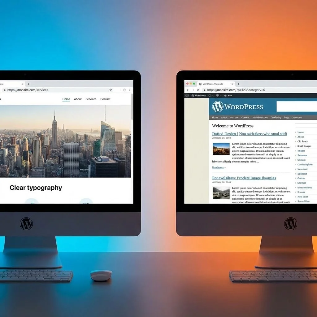 [image : Comparatif visuel de deux sites WordPress - un avec une URL propre et un design moderne versus un avec une URL technique et un design daté, split screen sur fond dégradé]