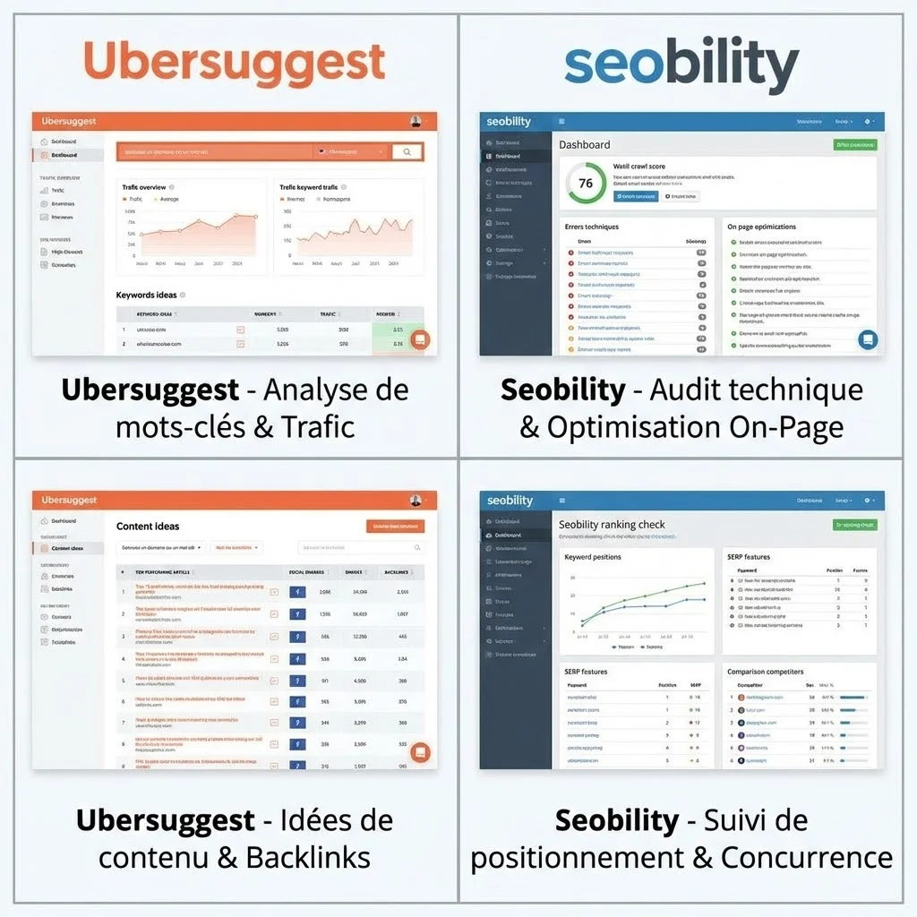 [image : Comparatif visuel des interfaces d'outils SEO gratuits (Ubersuggest, Seobility) disposés en grille avec captures d'écran]