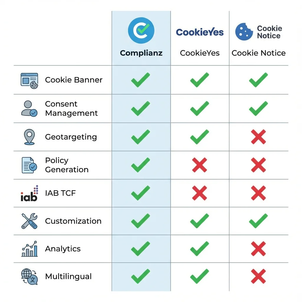 [image : Comparatif visuel en trois colonnes des interfaces des plugins Complianz, CookieYes et Cookie Notice, style tableau moderne avec checkmarks verts]