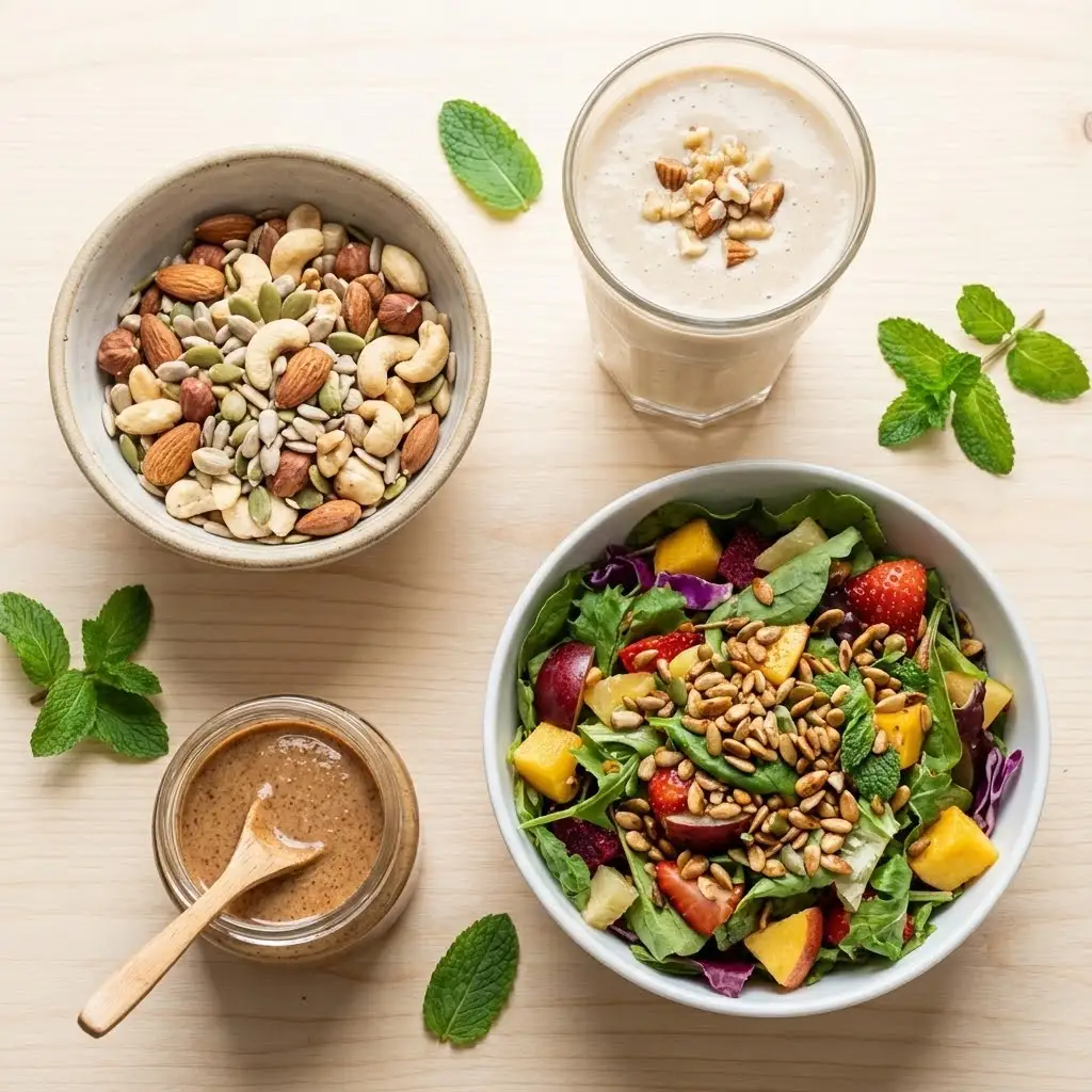 Composition flat lay sur fond de bois clair montrant différentes façons de consommer les oléagineux - bol nature, smoothie dans un verre, salade colorée, petit pot de beurre fait maison, quelques feuilles de menthe fraîche pour la décoration
