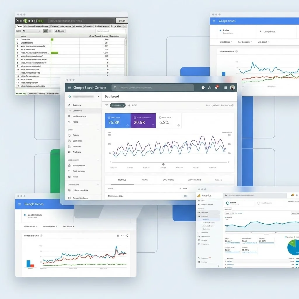 [image : Composition montrant plusieurs écrans d'outils SEO complémentaires (Screaming Frog, Google Trends, Analytics) autour de Google Search Console au centre, style mosaïque professionnelle moderne]