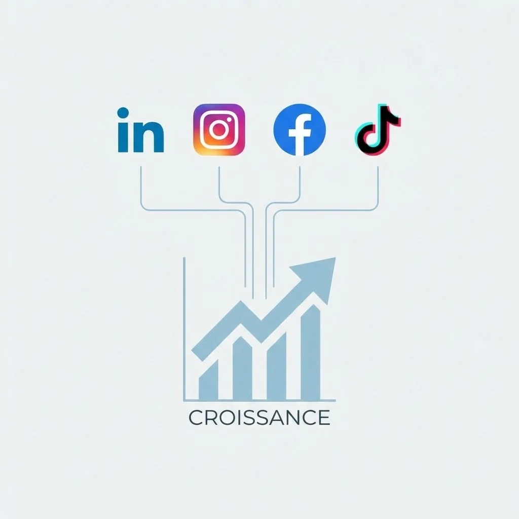[image : Composition visuelle montrant les logos des principaux réseaux sociaux (LinkedIn, Instagram, Facebook, TikTok) connectés par des lignes à un graphique de croissance, fond clair minimaliste]