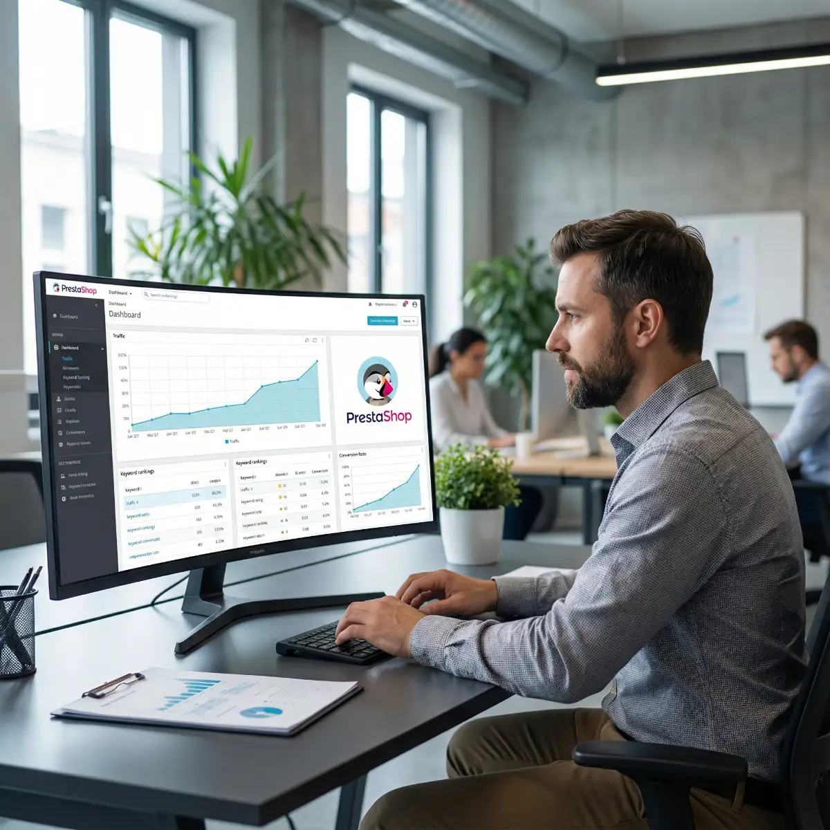 [image : Consultant SEO analysant les données d'une boutique PrestaShop sur un écran d'ordinateur, environnement de bureau moderne, graphiques et courbes de trafic visibles à l'écran, ambiance professionnelle]