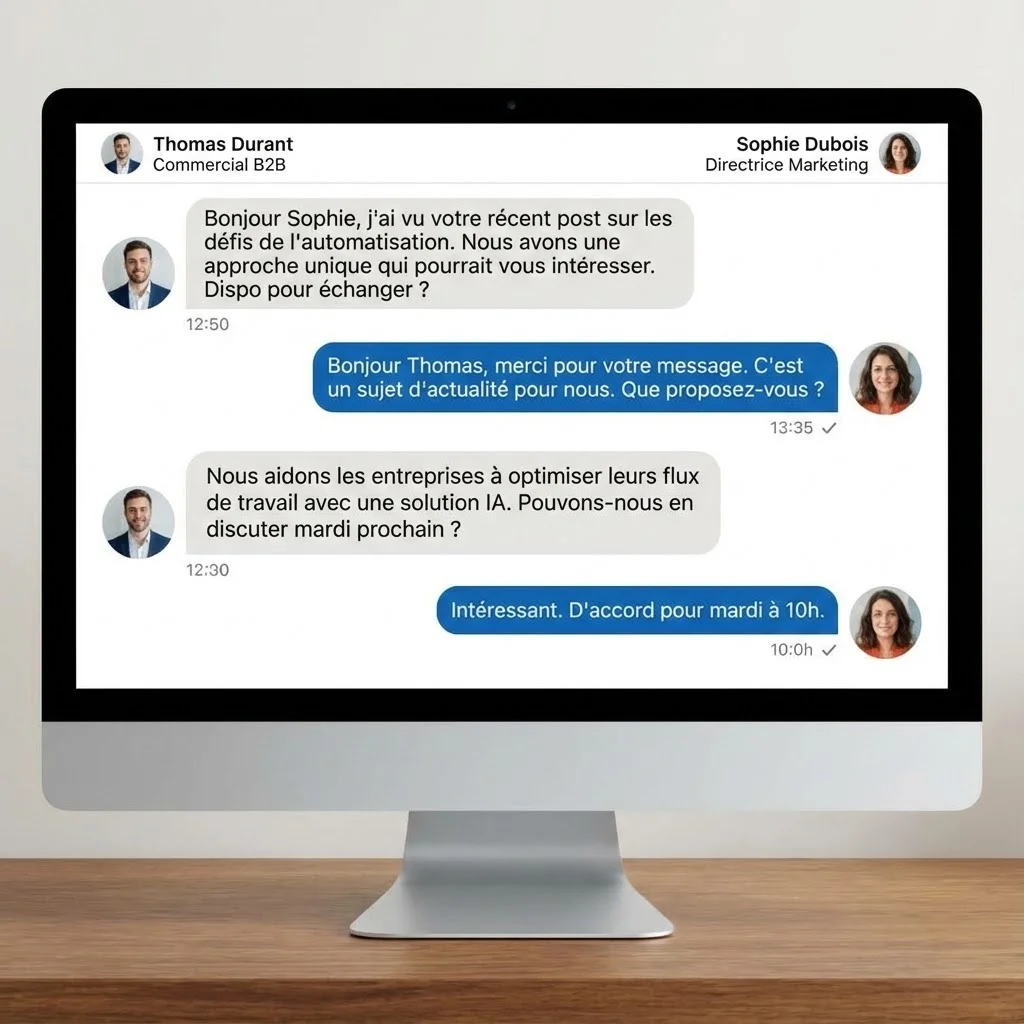 [image : Conversation LinkedIn montrant un échange professionnel entre un commercial et un prospect, messages personnalisés et engageants, style messagerie avec bulles de dialogue]