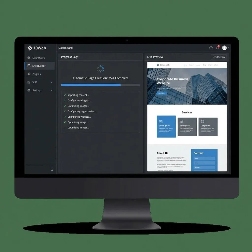 [image : Dashboard 10Web montrant la création automatique de pages WordPress, interface sombre professionnelle, indicateurs de progression, aperçu du site créé avec thème moderne business]