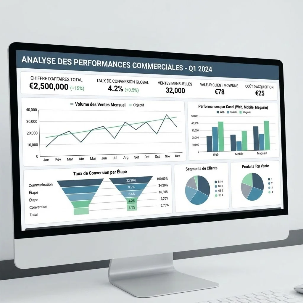 [image : dashboard analytique avec graphiques de performance commerciale, taux de conversion et métriques de vente, design data-driven]
