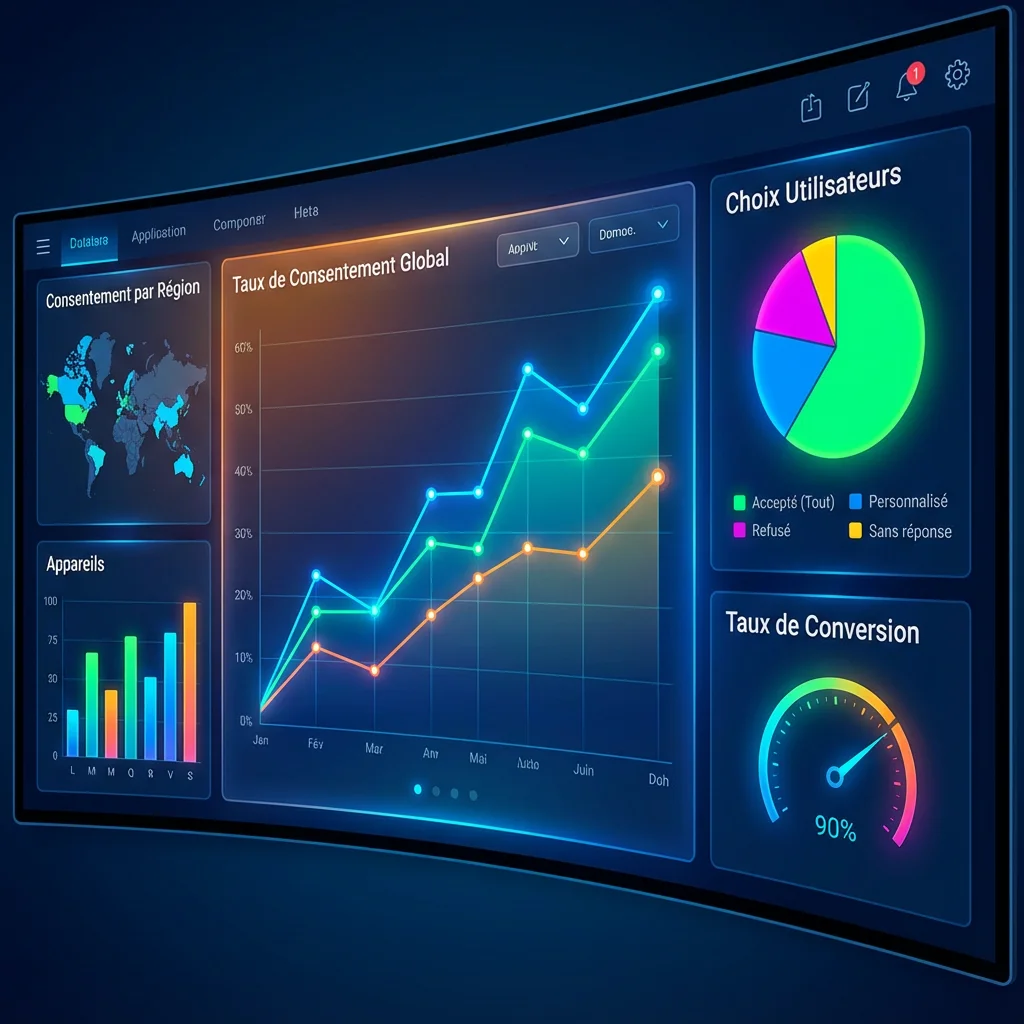 [image : Dashboard analytique moderne montrant des graphiques de taux de consentement, camembert des choix utilisateurs, design data visualization avec couleurs vives]