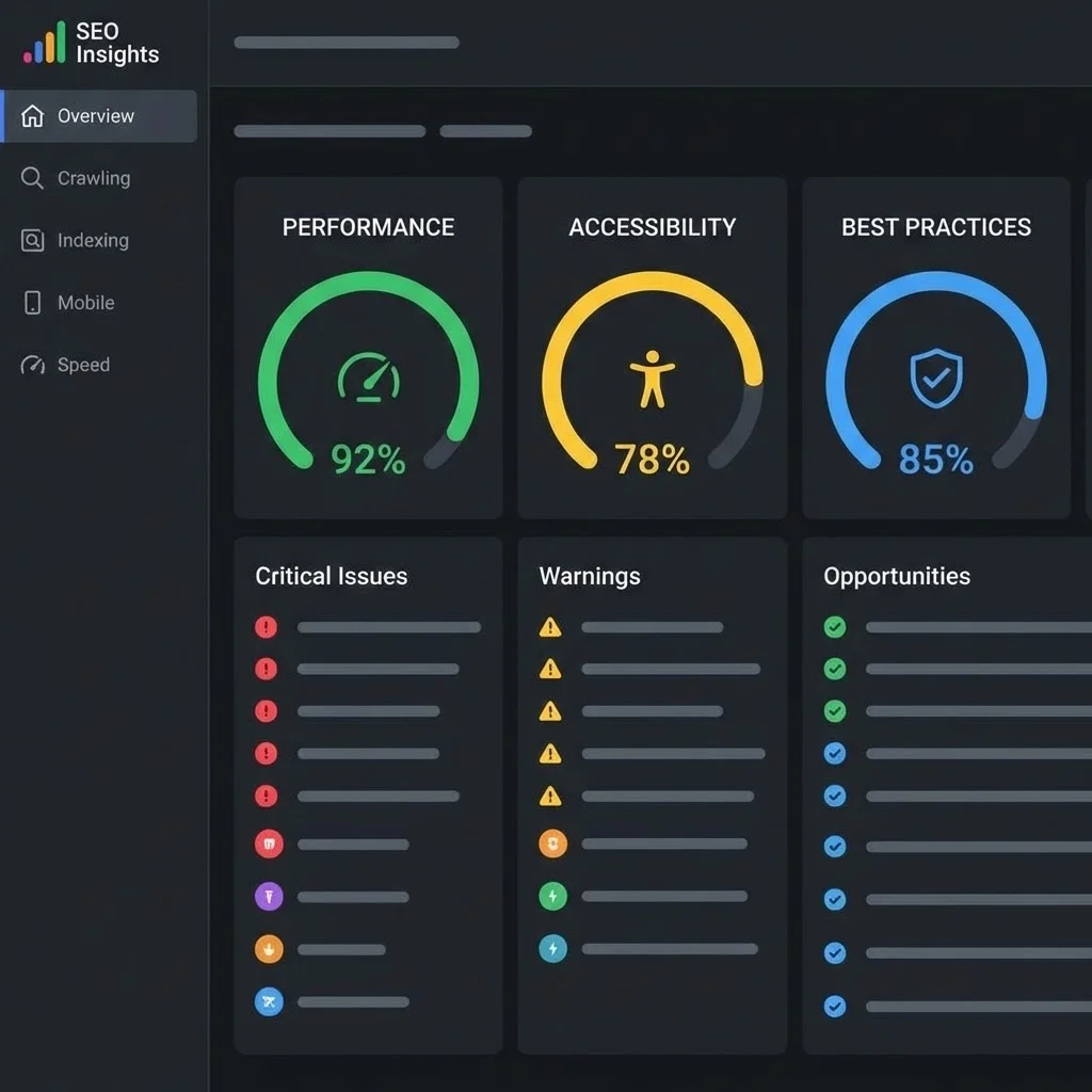[image : Dashboard d'audit technique SEO montrant les scores de performance, accessibilité et bonnes pratiques avec jauges colorées]