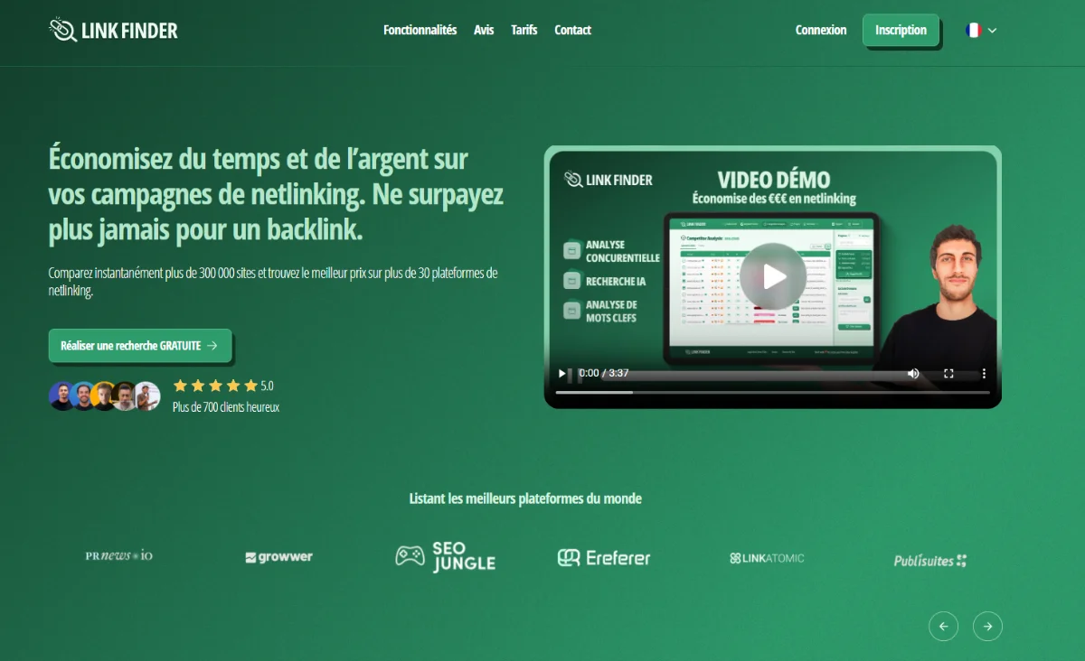Dashboard de LinkFinder montrant une liste de spots netlinking avec métriques SEO