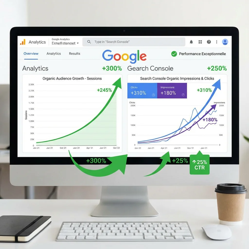 [image : Dashboard Google Analytics et Search Console montrant des courbes de croissance du audience organique, données positives]