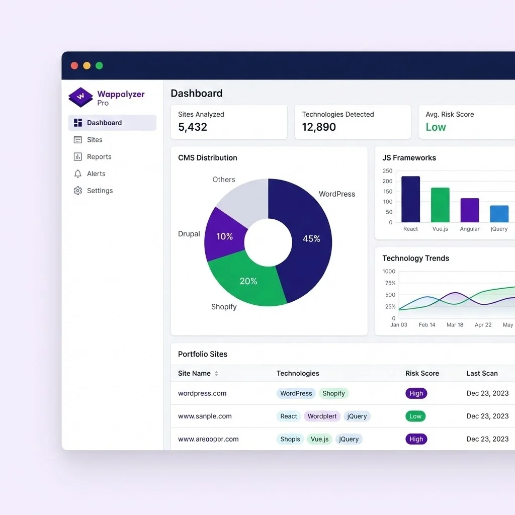[image : Dashboard Wappalyzer Pro avec graphiques de répartition technologies sur un portefeuille de sites - style interface SaaS professionnelle avec statistiques]