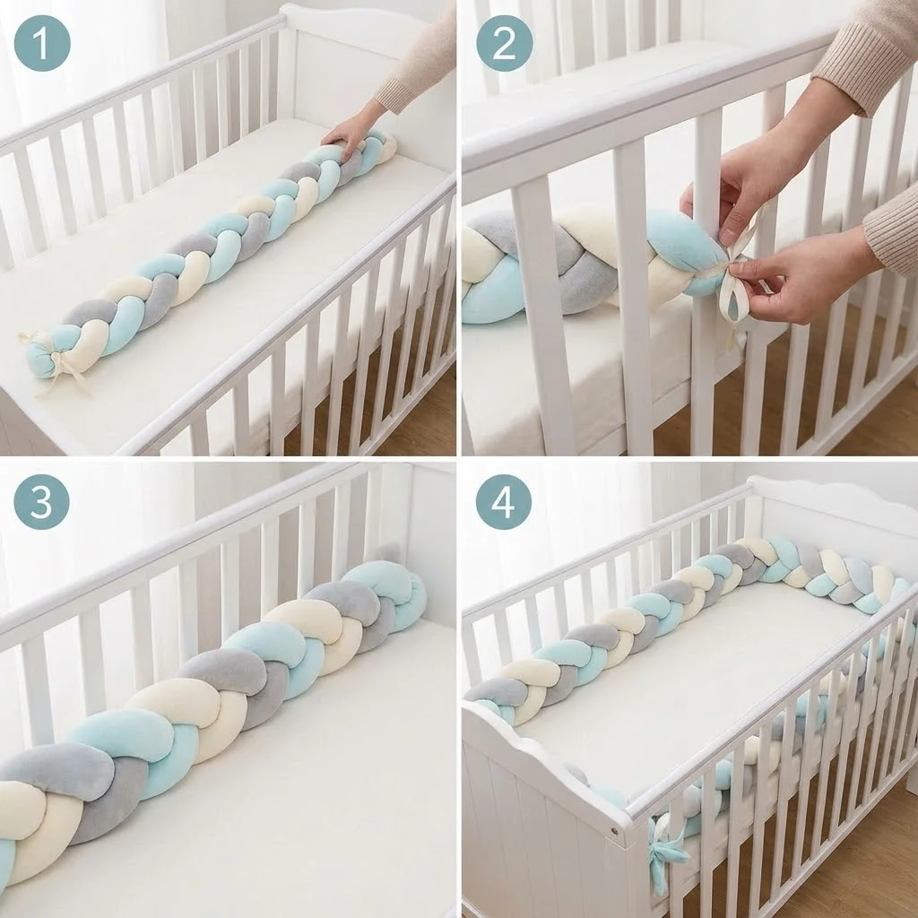 Démonstration d'installation d'une tresse de lit sur un lit bébé à barreaux blancs