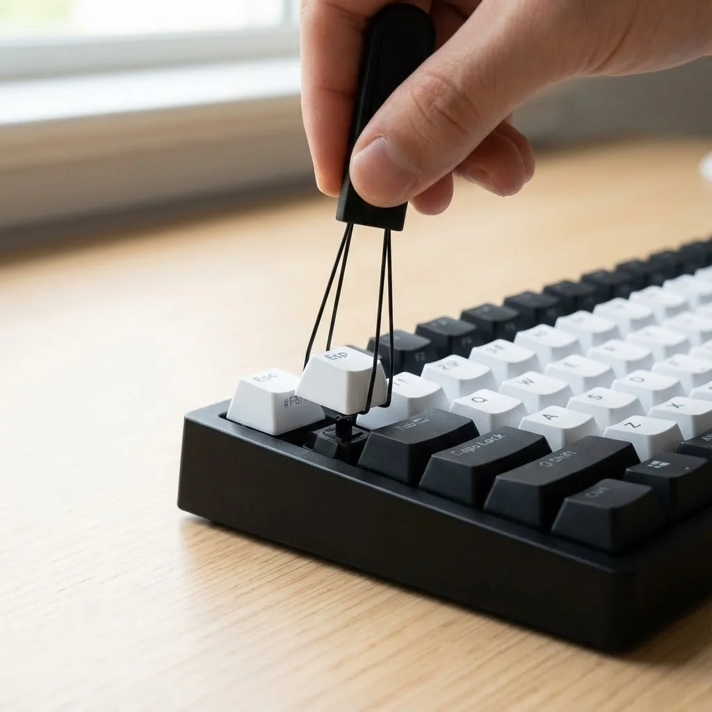 [image : démonstration de l'utilisation d'un keycap puller pour retirer les touches]