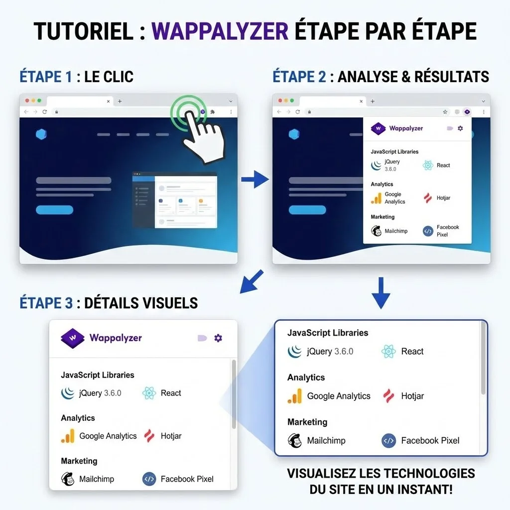 [image : Démonstration du clic sur l'icône Wappalyzer et affichage des résultats avec catégories JavaScript, analytics et marketing - style tutoriel visuel étape par étape]