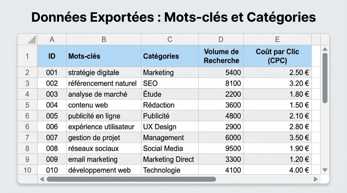 [image : Données exportées dans un tableur avec colonnes mots-clés et catégories]