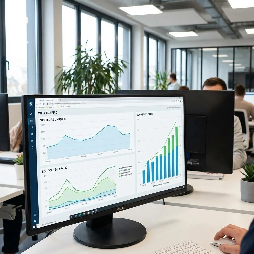 [image : écran d'ordinateur affichant des statistiques de trafic web et des graphiques de leads entrants, ambiance bureau moderne]