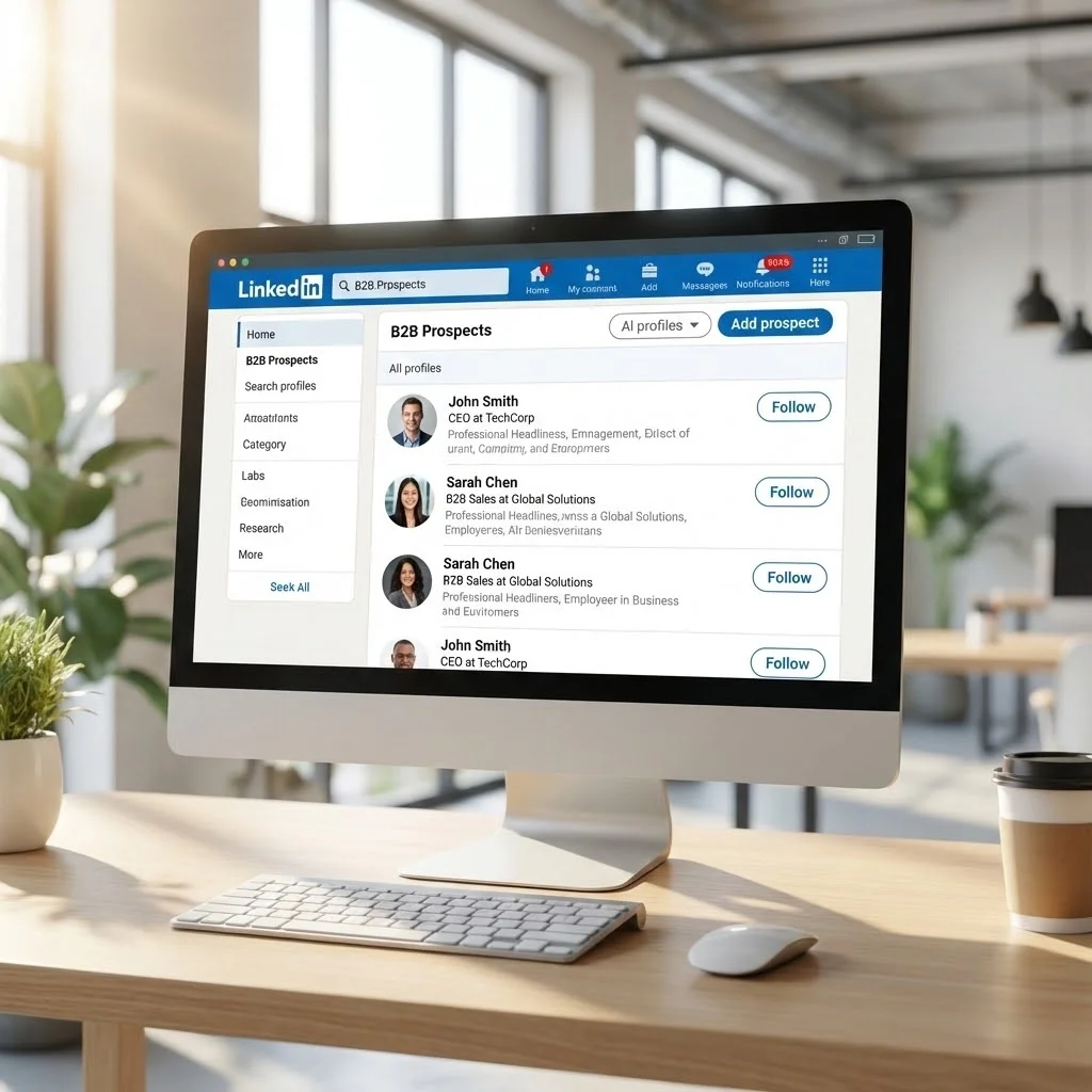 [image : Écran d'ordinateur affichant l'interface LinkedIn avec une liste de prospects B2B, ambiance bureau moderne, lumière naturelle, style professionnel et épuré]
