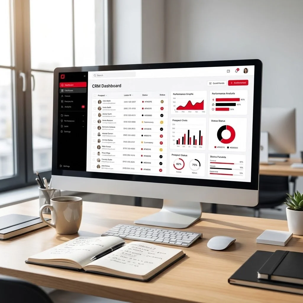 [image : Écran d'ordinateur affichant un CRM avec une liste de prospects et des indicateurs de performance colorés, bureau organisé avec bloc-notes et café, lumière naturelle]