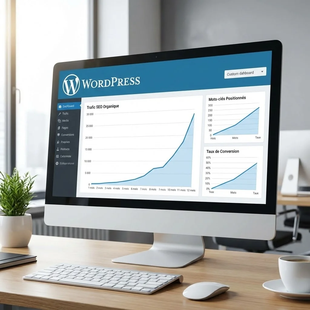 [image : Écran d'ordinateur affichant un tableau de bord WordPress avec des graphiques de trafic SEO en hausse, interface moderne aux couleurs bleu et blanc, ambiance professionnelle de bureau]