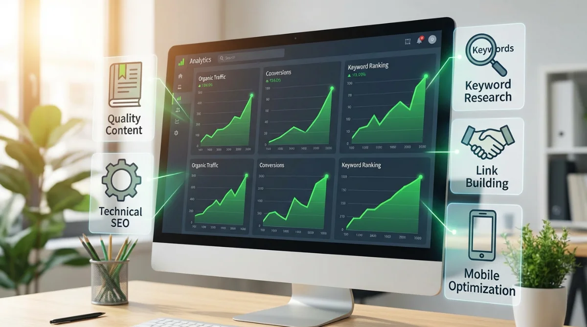 [image : Écran d'ordinateur affichant un tableau de bord analytics avec des courbes de progression verte ascendantes, entouré d'icônes représentant les différentes techniques SEO éthiques]