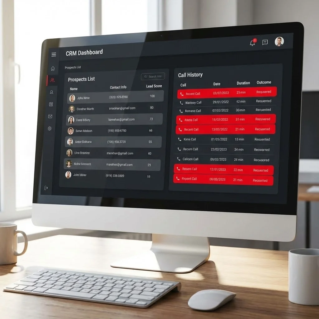 [image : Écran d'ordinateur montrant un tableau de bord CRM avec liste de prospects et historique d'appels, interface moderne et professionnelle, style capture d'écran stylisée]