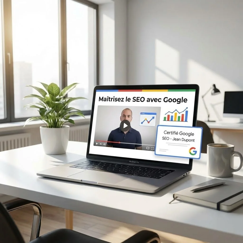 [image : Écran d'ordinateur portable affichant une vidéo de formation SEO avec graphiques de progression et certificat Google visible - ambiance bureau moderne lumineux]