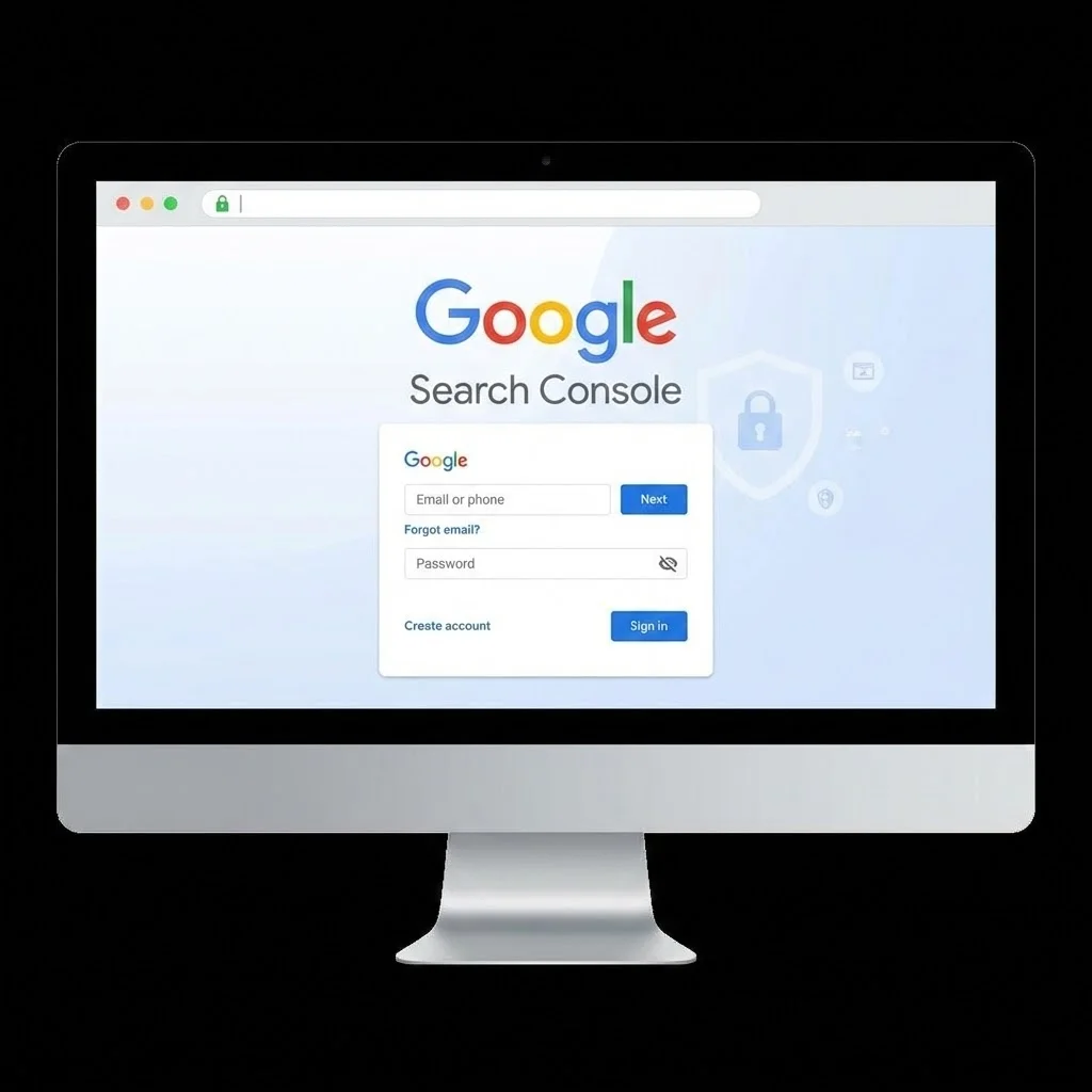 [image : Écran de connexion Google Search Console avec formulaire d'authentification Google, interface minimaliste aux couleurs Google (bleu, rouge, jaune, vert), ambiance professionnelle et sécurisée]