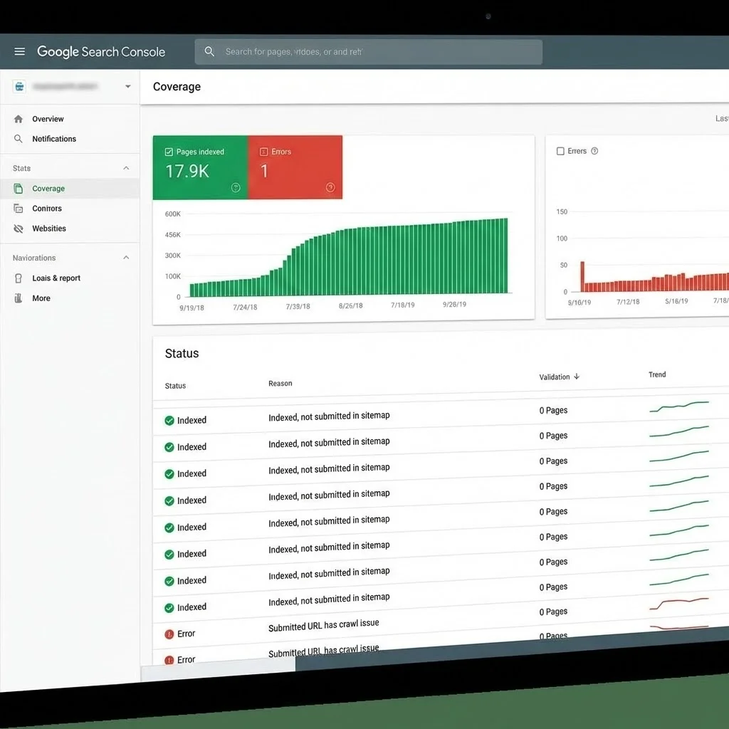 [image : Écran de Google Search Console montrant le rapport de couverture d'indexation avec des pages indexées en vert et quelques erreurs en rouge, interface authentique]