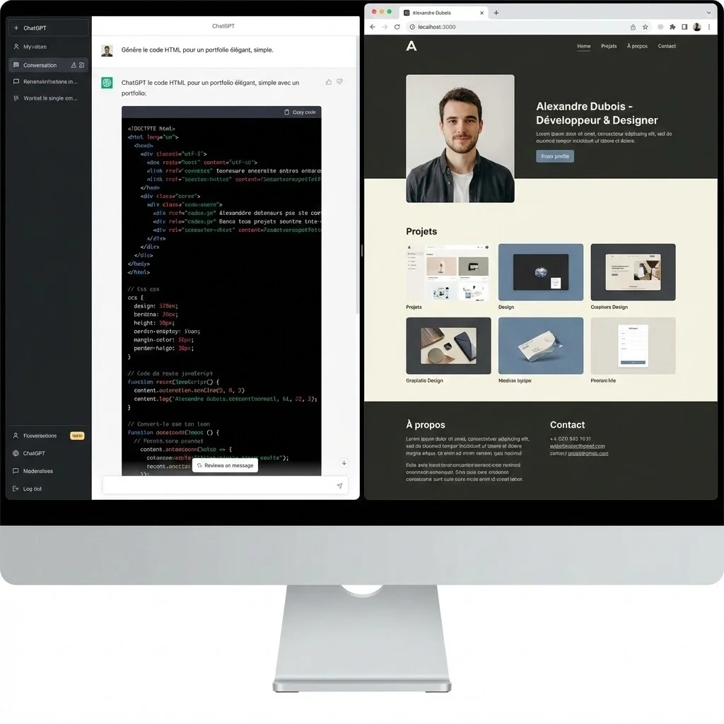 [image : Écran divisé montrant conversation ChatGPT à gauche qui génère du code HTML, rendu visuel du site dans navigateur à droite, code coloré syntaxiquement, design portfolio simple mais élégant]