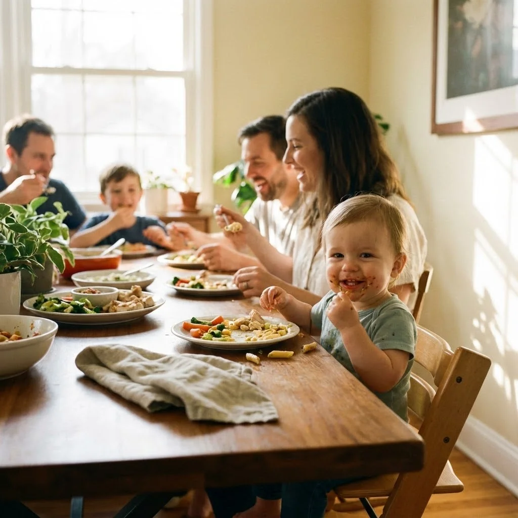 Enfant de 15 mois mangeant seul des morceaux variés à table avec sa famille, ambiance chaleureuse de repas partagé