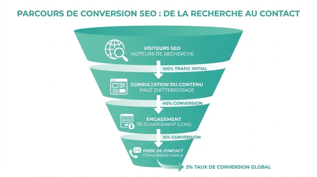 [image : entonnoir de conversion illustrant le parcours d'un visiteur SEO depuis les moteurs jusqu'à la prise de contact, avec des étapes intermédiaires et des taux de conversion]