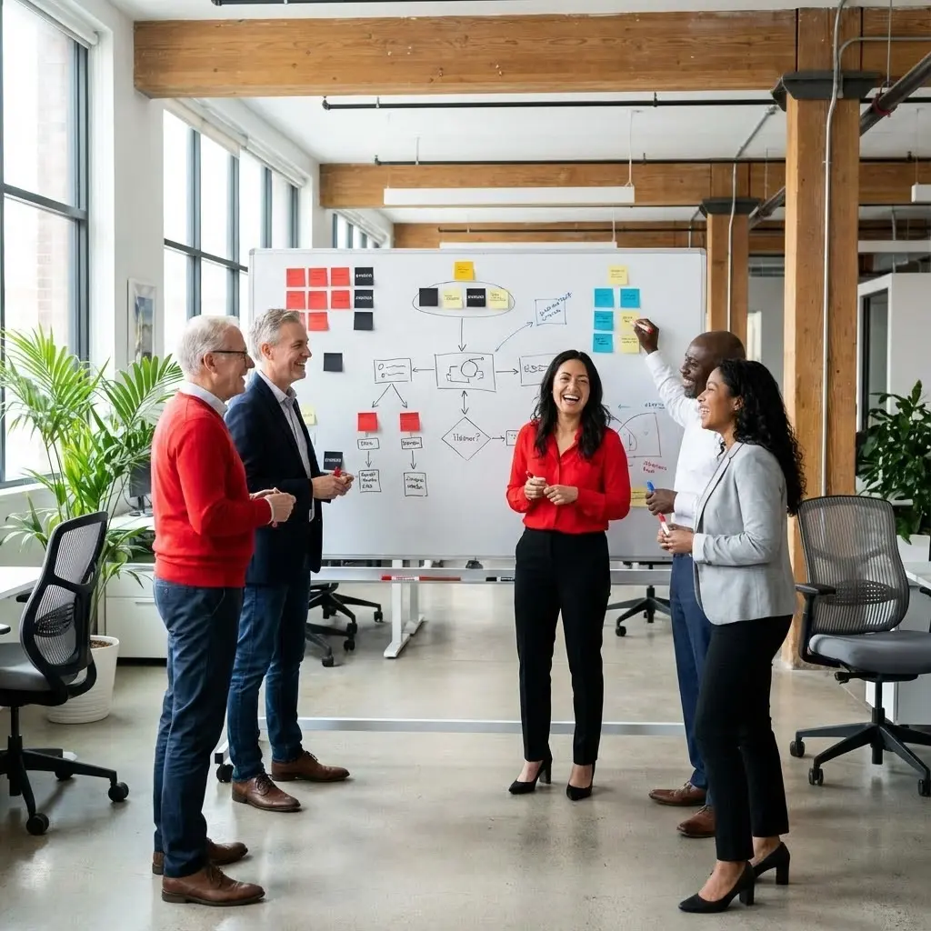 [image : Équipe commerciale diverse en réunion stratégique autour d'un tableau blanc avec post-its colorés et schémas, ambiance collaborative et créative, bureau moderne]