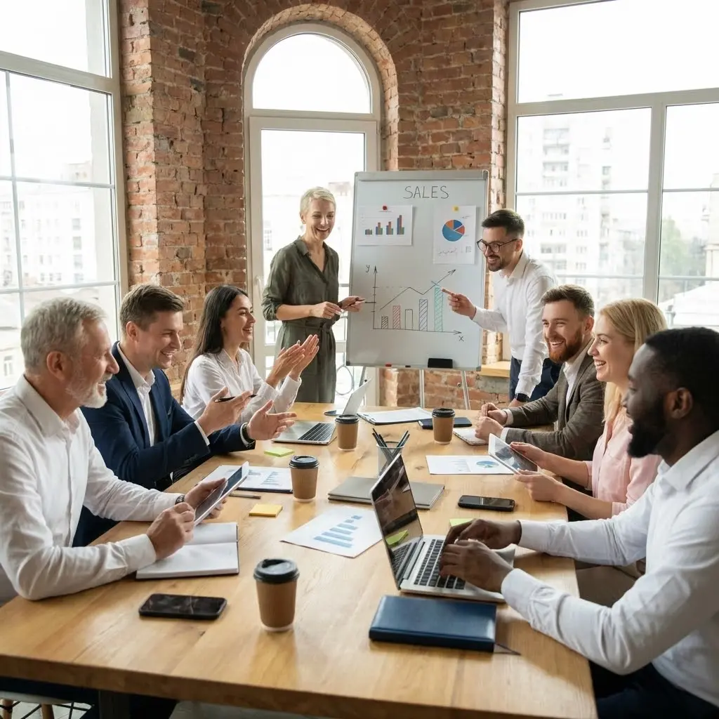 [image : équipe commerciale mixte (salariés et freelances) collaborant autour d'une table, ambiance dynamique et professionnelle]