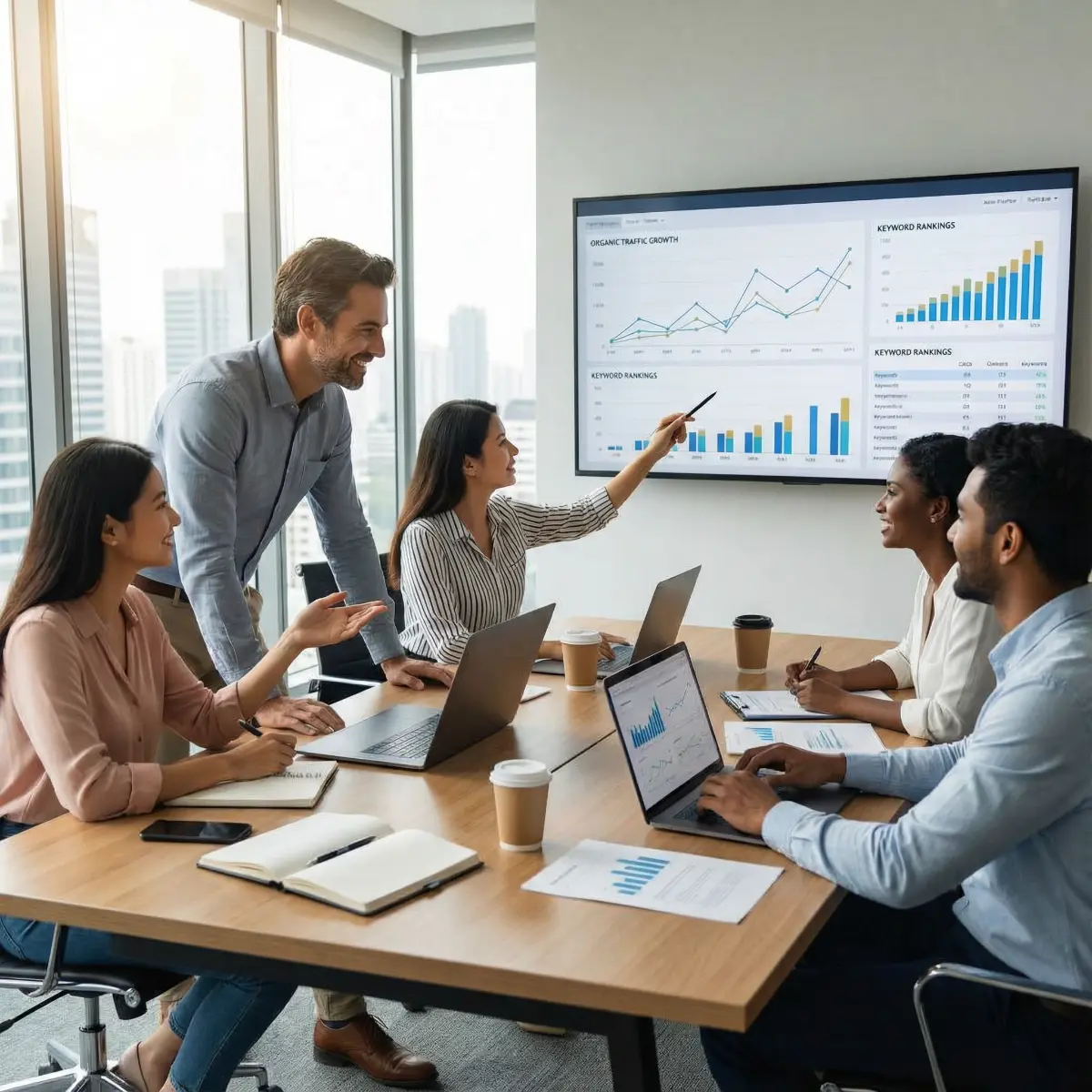 [image : Équipe d'experts SEO en réunion autour d'une table, analysant des graphiques de performance sur un grand écran, ambiance collaborative et professionnelle, bureau moderne]