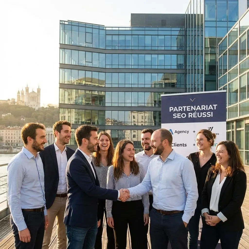 [image : équipe professionnelle souriante devant un bureau moderne à Lyon, ambiance positive et dynamique symbolisant le partenariat réussi entre une agence SEO et ses clients]