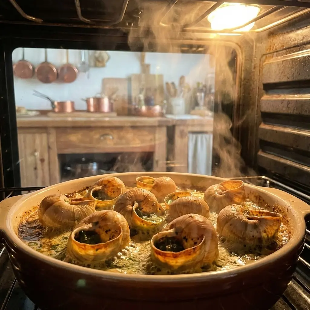 Escargots en train de cuire dans leurs coquilles au four, beurre qui grésille, vapeur visible, ambiance cuisine familiale