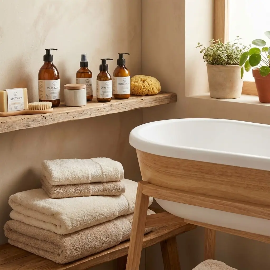 Espace bain de bébé : petite baignoire, serviettes douces, produits naturels