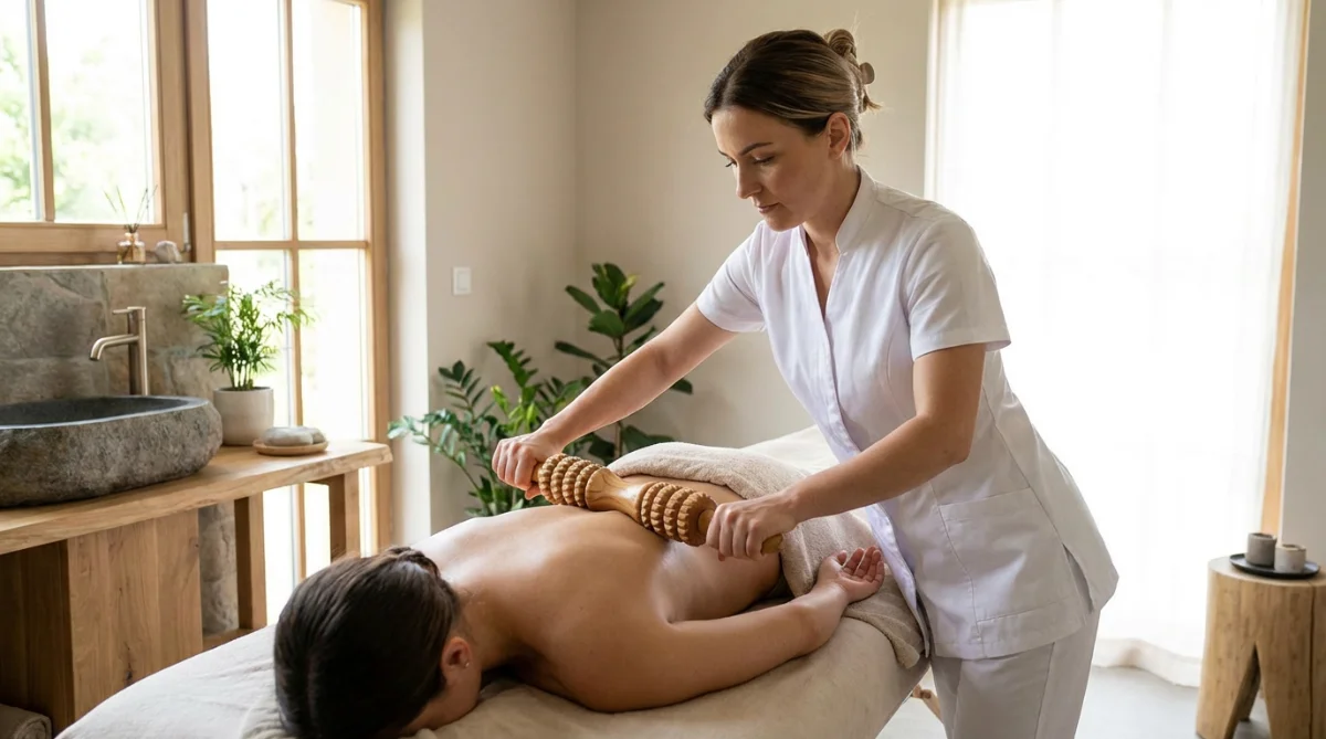 [image : Esthéticienne pratiquant un massage madérothérapie, mouvement professionnel avec rouleau en bois, cabine de soin épurée]
