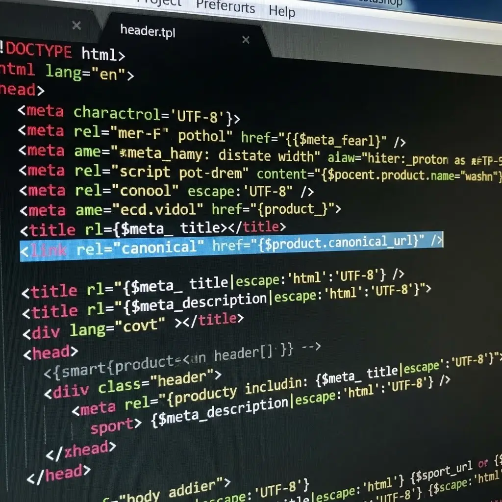 [image : exemple de balise canonical dans le code source PrestaShop]