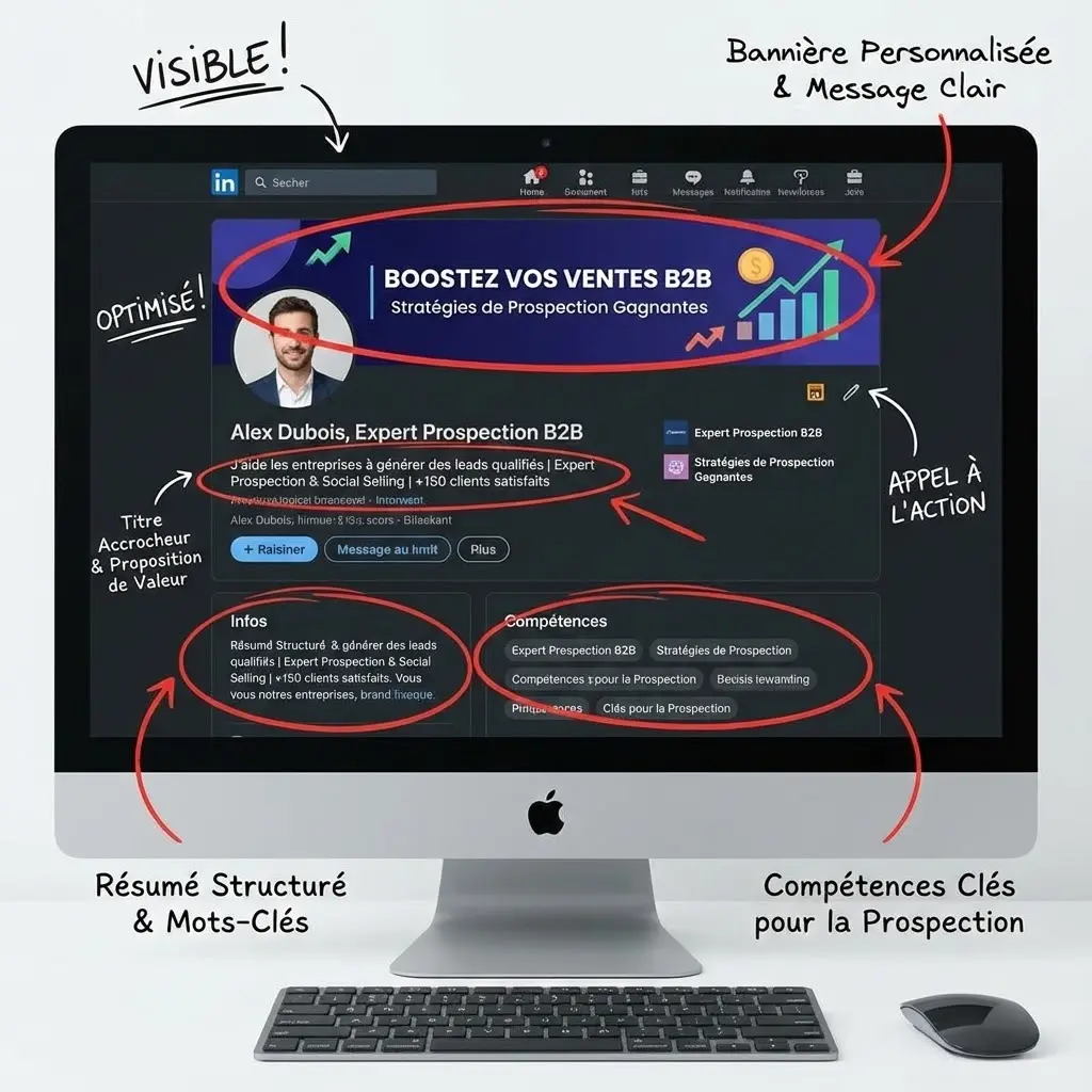 [image : Exemple de profil LinkedIn optimisé pour la prospection commerciale, titre accrocheur visible, bannière personnalisée, style capture d'écran annotée]