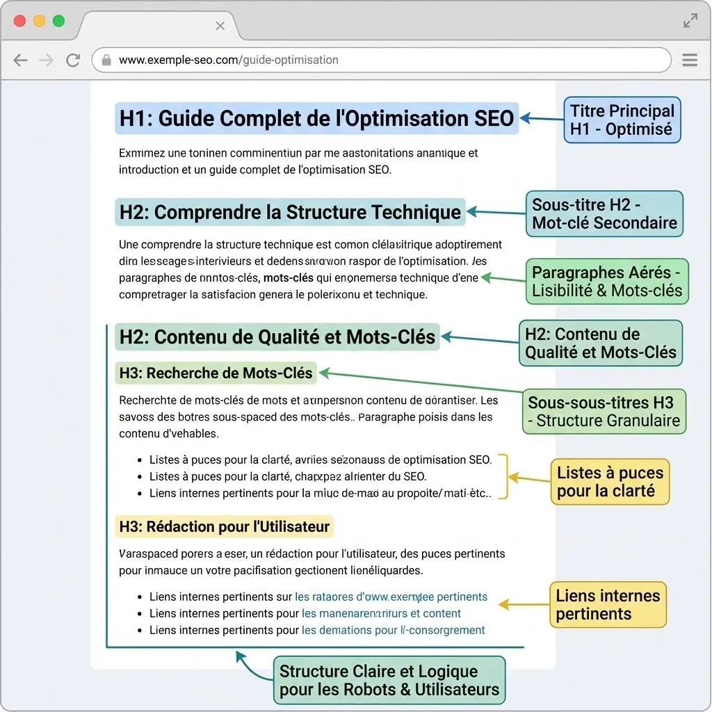 [image : Exemple visuel d'une page web bien structurée pour le SEO, montrant la hiérarchie des titres H1/H2/H3, les paragraphes aérés, style capture d'écran annotée pédagogique]