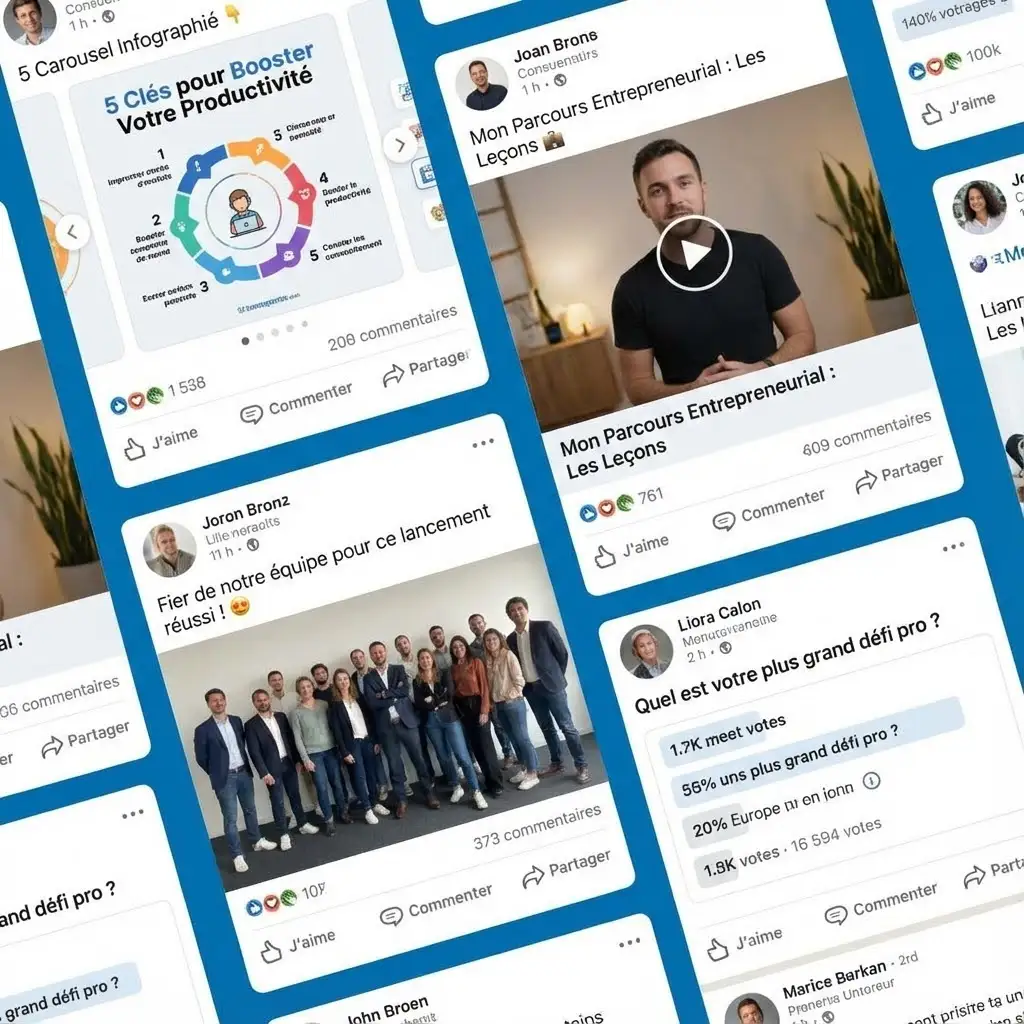 [image : Feed LinkedIn avec différents types de posts performants, likes et commentaires visibles, style collage de publications variées montrant l'engagement]