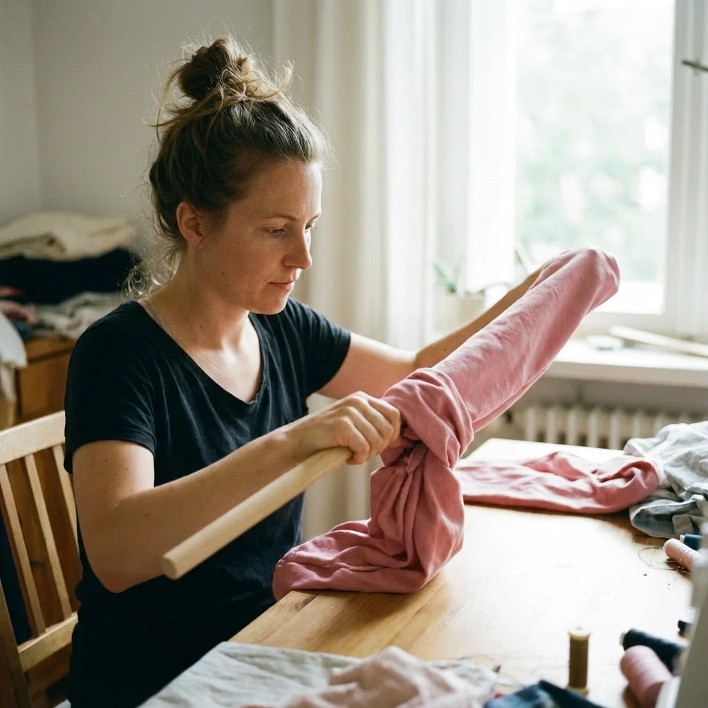 Femme en train de retourner un tube de tissu rose à l'aide d'un bâton en bois, lumière naturelle douce