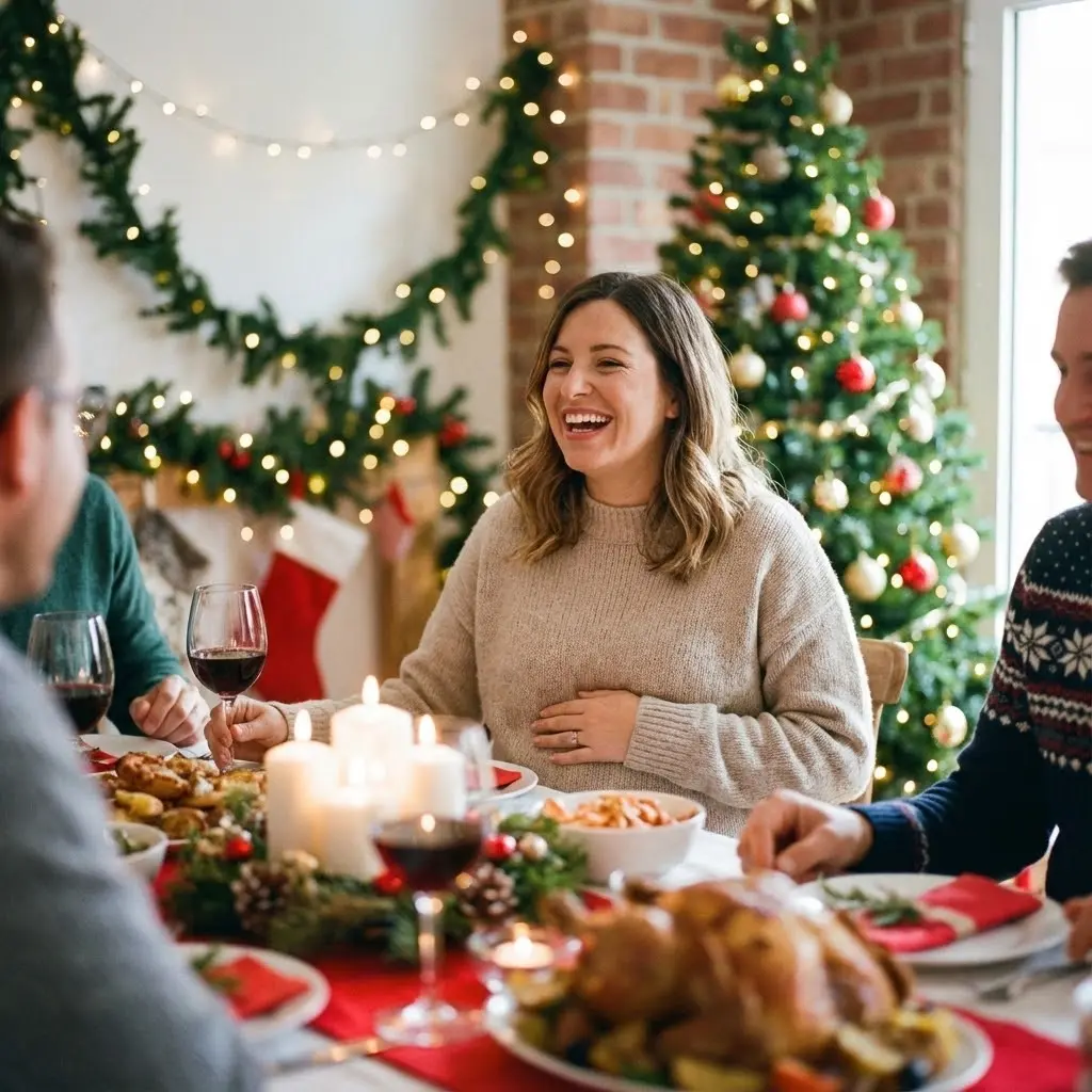 Femme enceinte souriante à table lors d'un repas de fête, ambiance chaleureuse, décor de Noël en arrière-plan flou