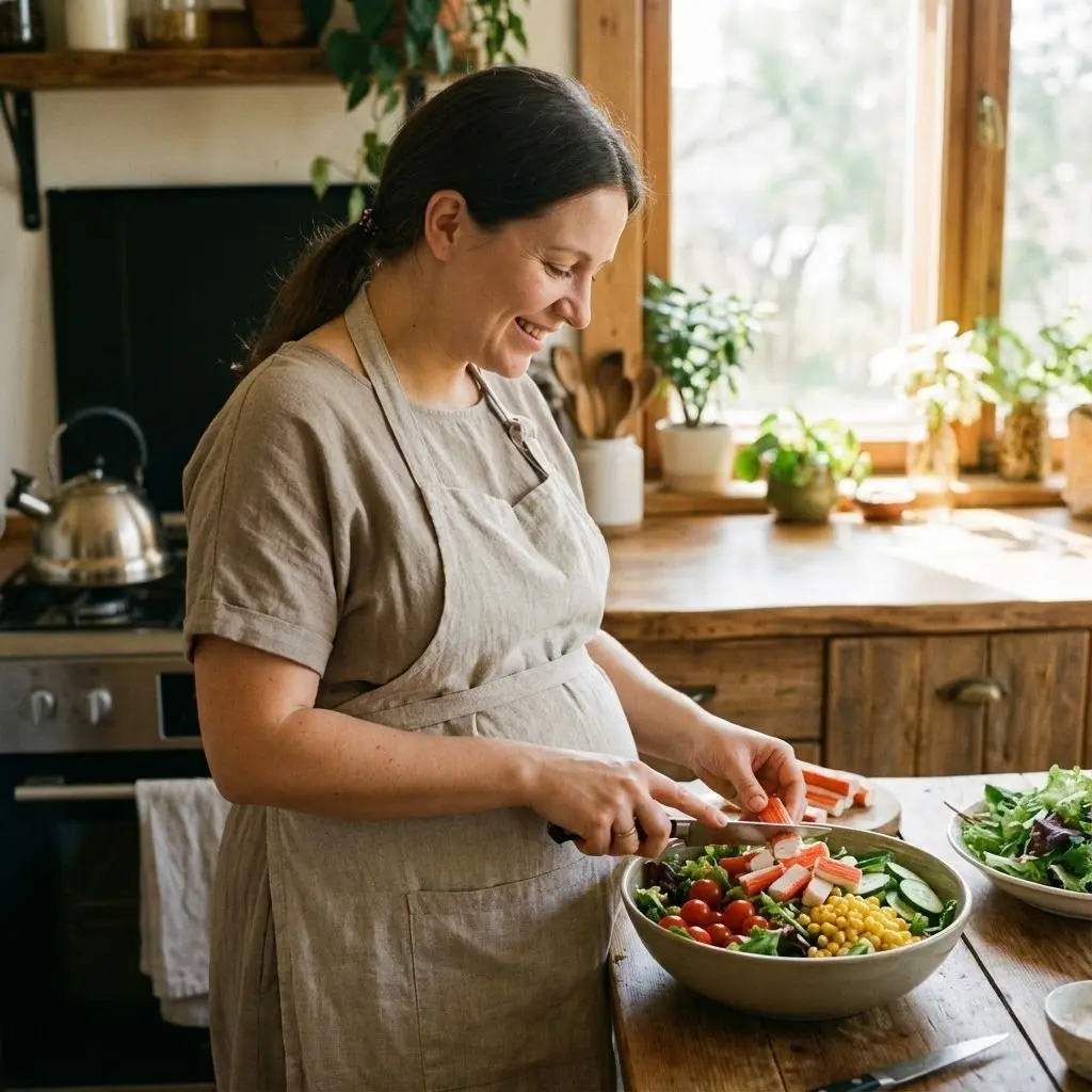 [image : Femme enceinte souriante dans sa cuisine, préparant une salade avec des bâtonnets de surimi, lumière naturelle douce, style chaleureux]